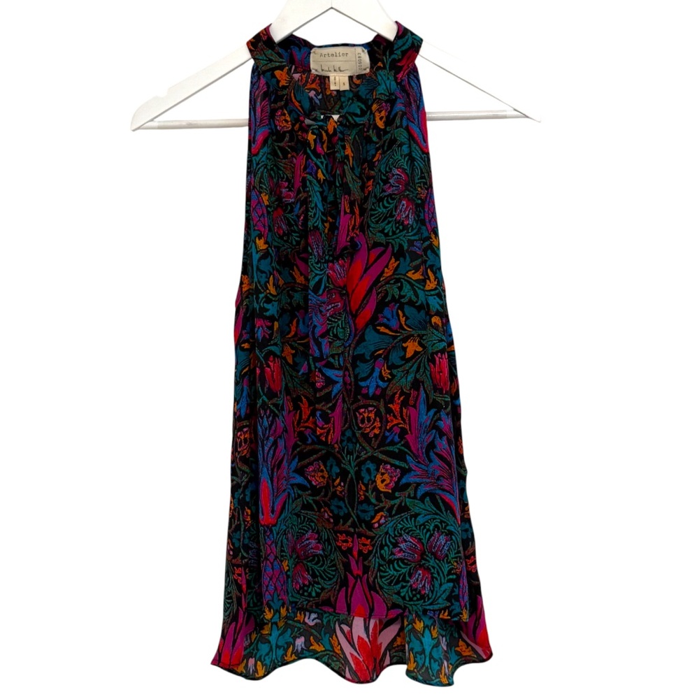 *Vintage Nicole Miller Artelier Womens Black Multicolor Floral Silk Halter Top